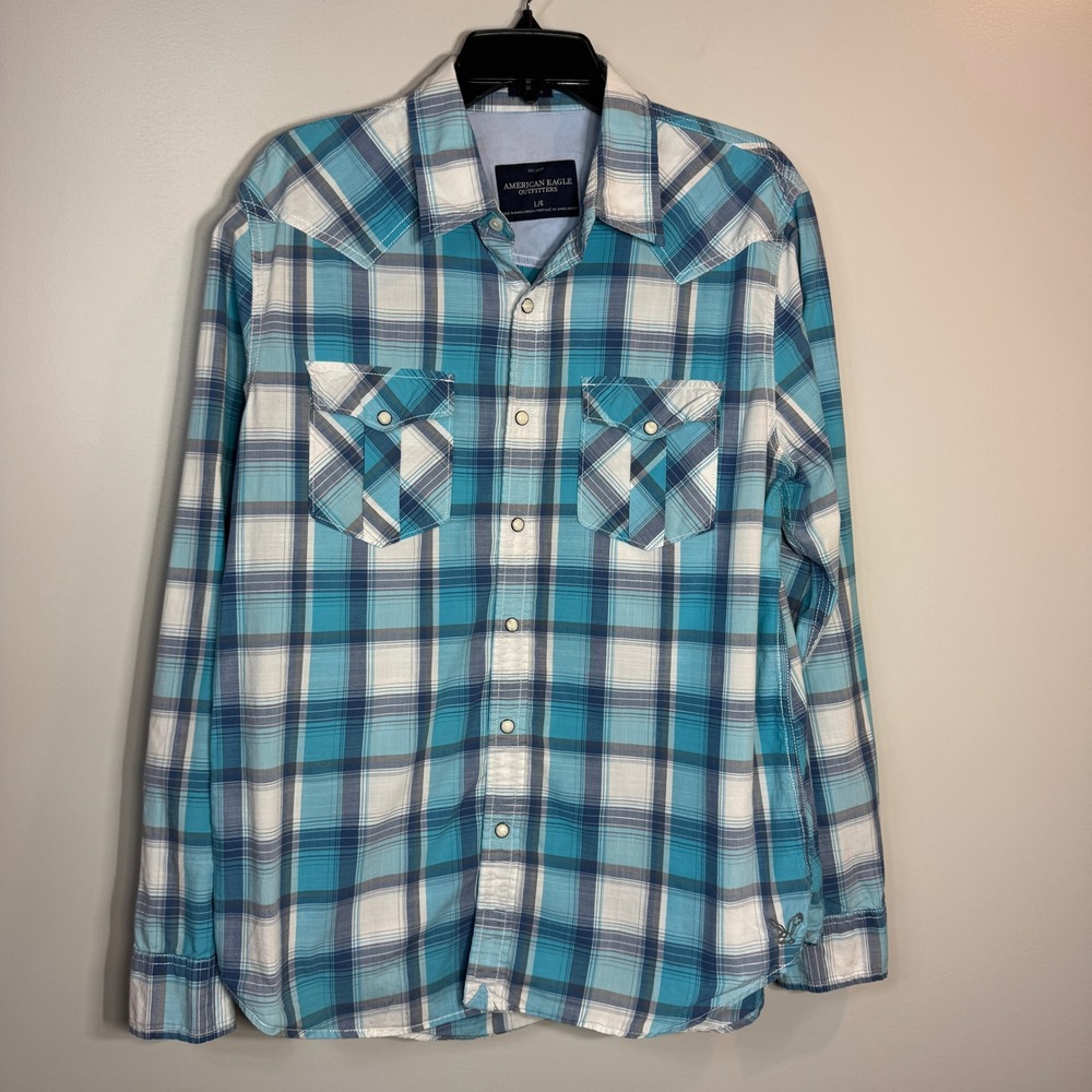 American Eagle Outfitters Long Sleeve Snap‎ Button Shirt Mens L Vintage Fit